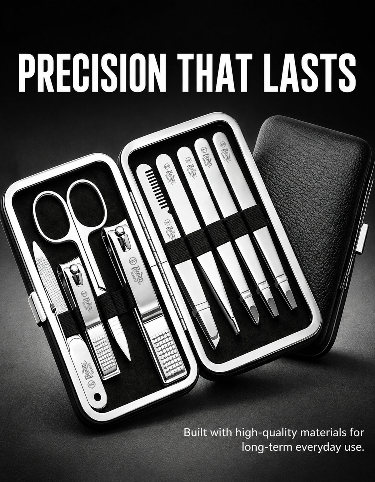 Beauté Secrets 9-in-1 Tweezers & Nail Cutter Set for Men & Women | Plucker for Hair Removal | Eyebrow Tweezers, Nail File, Scissors & Travel Case – Manicure Pedicure Grooming Set