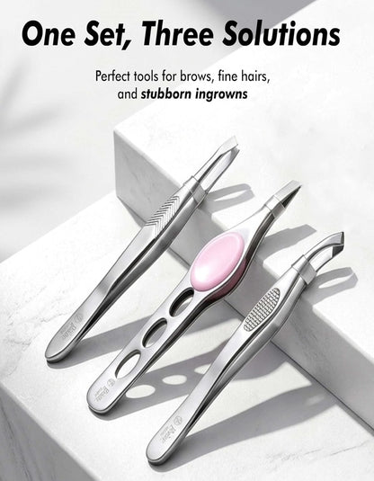 Beauté Secrets Professional 3-Piece Tweezer Set with Travel Case | Wide Slant, Precision Point & Slant Tip Tweezers | Stainless Steel Eyebrow & Facial Hair Removal Kit